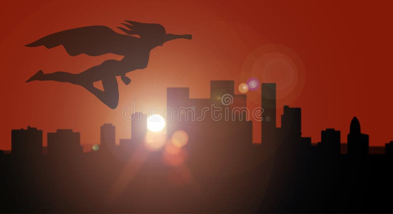 超级英雄妇女剪影在城市的侧视图飞行overwatching的日落或的日出的